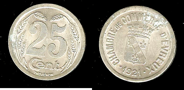 chambre de commerce Evreux - Eure (27) 25 centimes 1921 SUP